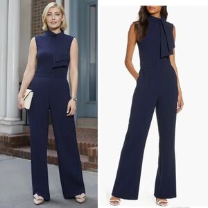 Harper Rose Scarf Neck Navy Crepe Wide Leg Jumpsuit Sz 6 Old Money Semi-Formal